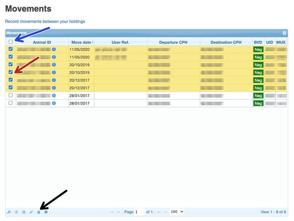 You can either select to cancel individual movements per line by clicking in the box/es, as shown by the red arrow. Or, you can select all movements (within your search criteria) by clicking in the box at the top left hand corner, as indicated by the blue arrow.