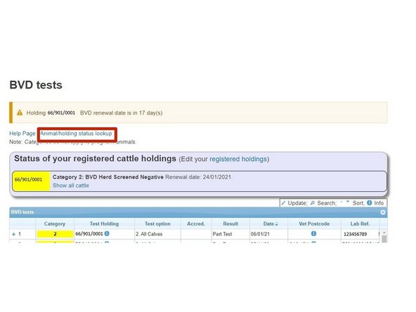 Click on Animal/holding status lookup for the BVD status of an animal or holding.