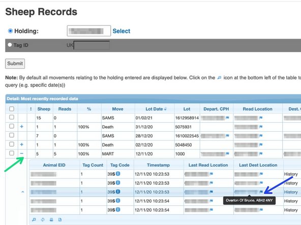 Click on the + to view the list of tag numbers for that movement.