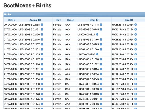 The ScotMoves+ Births page shows all the births that have been registered to your holding.