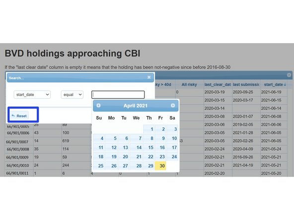 Press the Reset button to refresh the table and to start a new search.