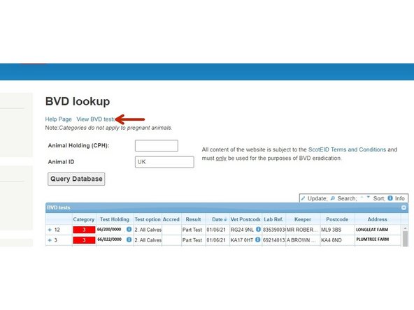 To view the testing for your holding, click on the View BVD tests link in the first image.