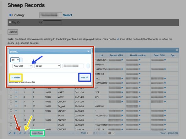 To narrow down a search, click on the magnifying glass at the bottom left of the table as shown by the red arrow and the box shown in red will appear.