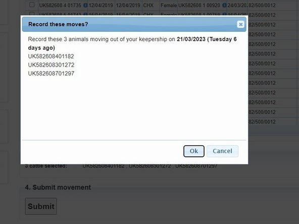 A box with a list of the animals being moved will appear, click OK if happy to proceed