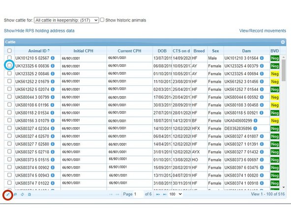 The pencil, circled in red, can be used to edit the initial CPH an animal has been allocated to.
