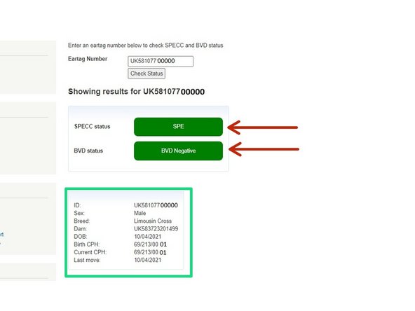 The results will indicate if the eartag number searched,  has a SPECC status and a BVD status. In the example shown, the green indicates the animal is Scotch Potential Eligible (SPE) and the BVD status is Negative.  The animal's  birth and movement details, are also shown.