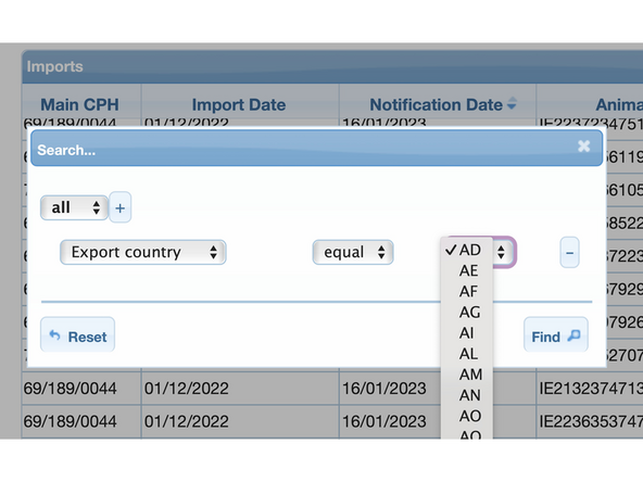 Open up the search box and select 'Export Country' and then use the drop down to choose the country you wish to filter for.
