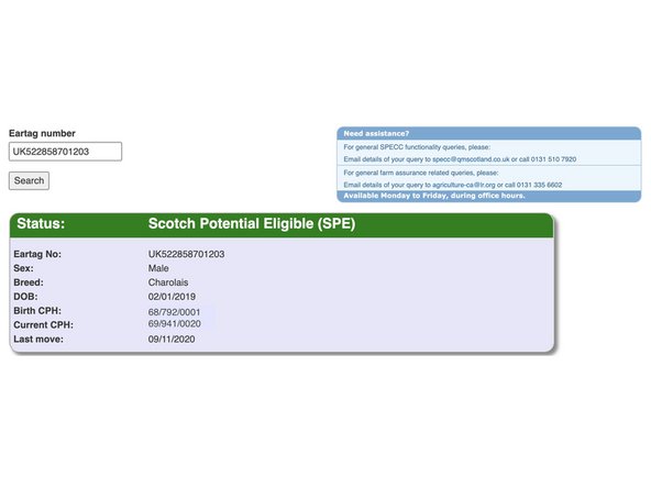 When searching by individual animal IDs, one of two possible results will show below the search button.  The first image shows that animal is SPECC assured