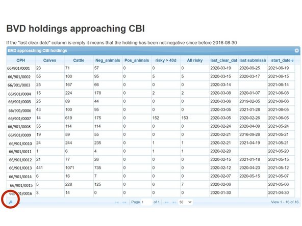 To search the BVD holdings approaching CBI table, click on the magnifying glass at the bottom left of the table, circled red.