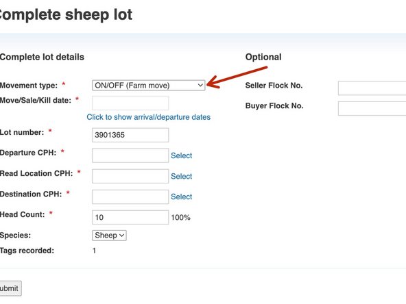 The movement type will automatically appear as an ON/OFF (Farm move), this can be changed by clicking on the drop down arrow.