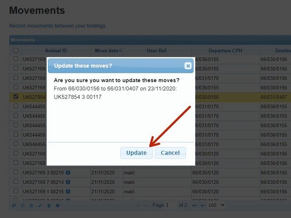 a box will appear for you to check that you have selected the correct move to amend. If it is correct click Update