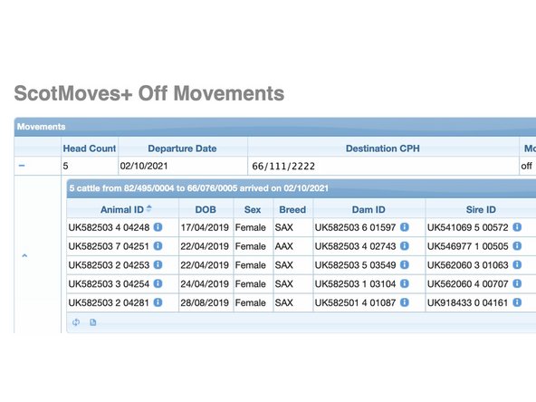 You can view the Off movements you have recorded in the 'View Off movements' table.