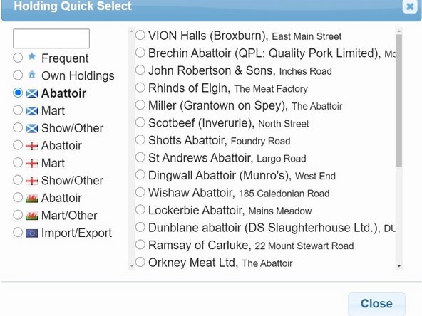 Clicking on the Select option, highlighted by the red box, opens the Holding Quick Select window. This lists Frequently used, Abattoir or Mart CPHs. By selecting the correct holding from a list,  the CPH will then be prepopulated  into the Departure or Destination box on the movement document.