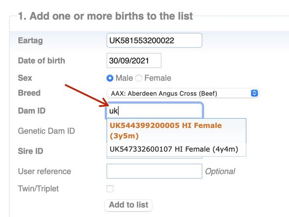 Start typing in the Dam ID box and a list of available cows appears.