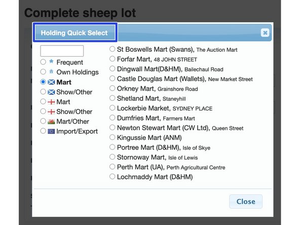 You can either enter the CPH's manually or if you click on the Select button the following Holding Quick Select will appear, where you can choose from your frequently used CPH's or marts etc.