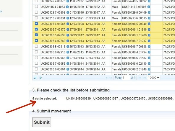 A summary of the selected animals will be shown in step 3, please check this list before submitting