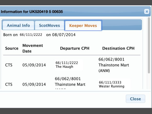 On the 'Keeper Moves' tab is the list of the moves the animal has made from keeper to keeper.  These would include sales, market and private, and shows.  These represent the moves on the animal's passport.