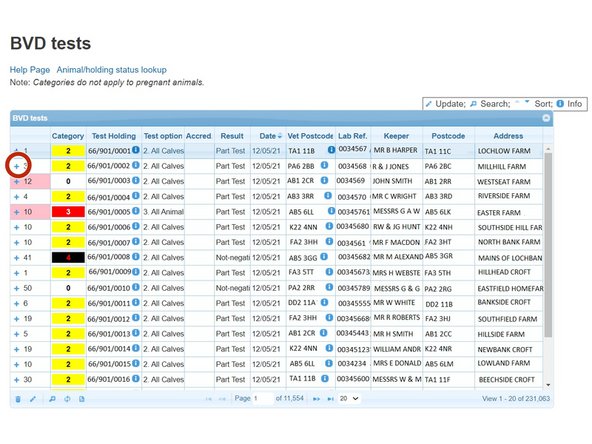 To show the individual sample results uploaded in the most recent batch for each holding, select the + sign next to the number of samples. This will expand, listing the Animal ID, Result, Test Type (Antigen or antibody), Date, Sample ID and Sample Type.