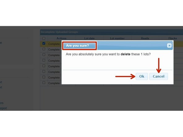 Tick the small box next to the lot you want to delete as shown by the blue arrow.