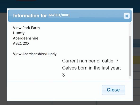 Adjacent to the CPH number the blue i information symbol when selected,  displays the address, current number of cattle and number of calves born in the last year on that holding.