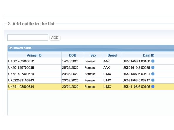 You can remove an animal from the list in Section 3 ready to submit by clicking on the row entry in Section 2 and clicking the bin icon bottom left of the table in Section 2.