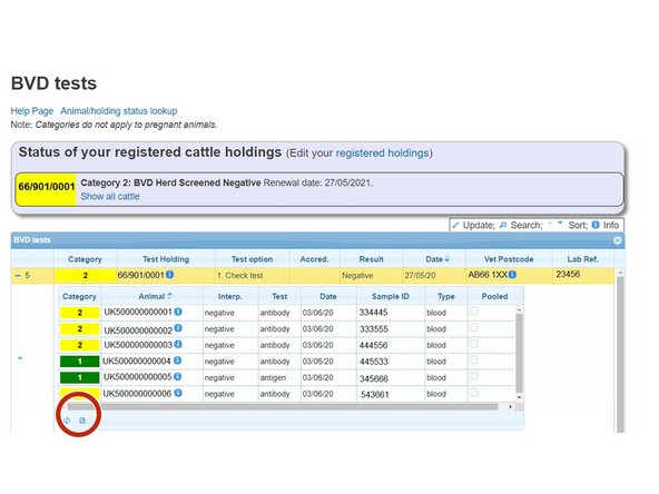 The individual BVD results can be downloaded to Excel by clicking on the paper symbol (circled red ) at the bottom left of the window. The grid can also be refreshed by selecting the arrows symbol.