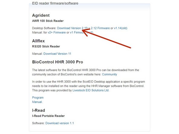 Under the other sections, guides can be downloaded. For example, under EID reader firmware/software, click on any of the guides highlighted in blue to download them.