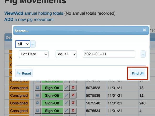 Add the information you wish to filter by in this box and if searching by date, a calendar will pop up where you can click on the appropriate date.  Once you have entered the information you wish to filter by, click the 'Find' button.