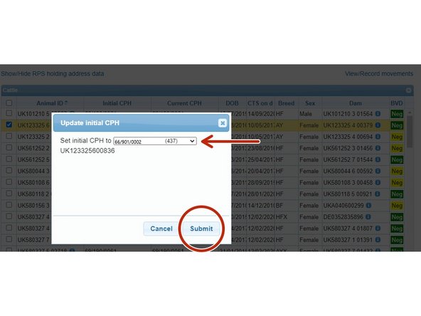 Click on the down arrow to select the holding the animal should be initially allocated to.