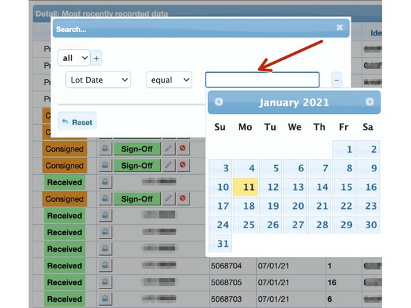 Add the information you wish to filter by in this box and if searching by date, a calendar will pop up where you can click on the appropriate date.  Once you have entered the information you wish to filter by, click the 'Find' button.