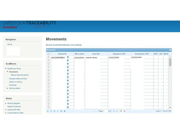 The screen will display a table showing a list of Scotmoves Movements  within your business. The icons at the bottom of this table will allow you to narrow your search criteria and find the movement/s you wish to cancel.