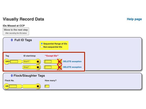 If there is more than one ID missing, and the IDs are sequential, select 'Sequential range of IDs'.  Enter the flock number then the range within the start and stop boxes, if only one or a couple of ID's have been missed within the range, add the ID's in the except box.