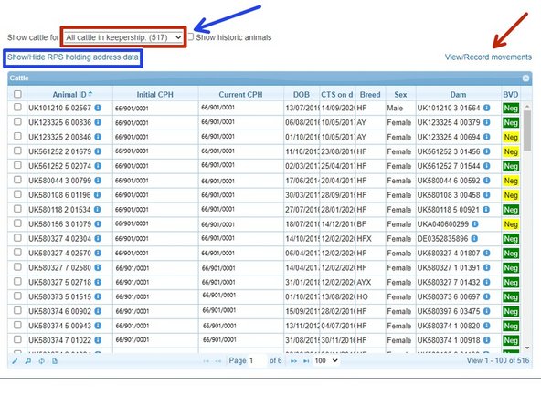To show the cattle that are on an additional holding, select one from the drop down list, as indicated by the red box.