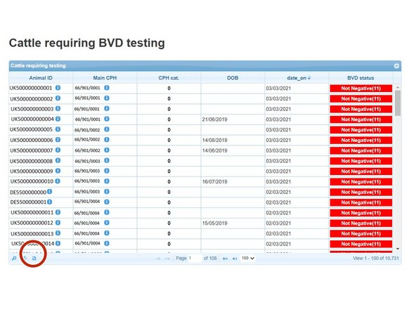 The list of animals can be downloaded to Excel by selecting the paper icon circled red at the bottom of the table.