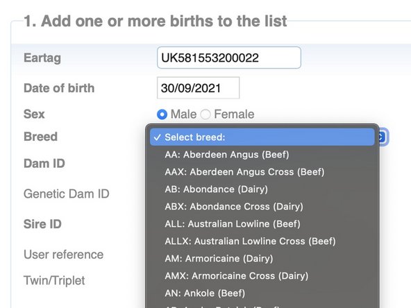 Click 'Select breed' and a drop down appears.