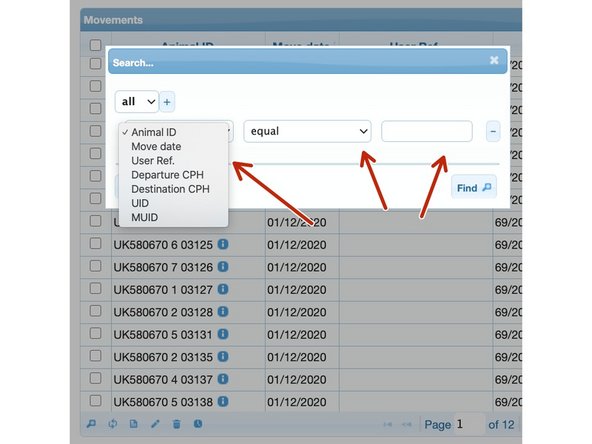 Use the drop down lists to search for any of the following - Animal ID, Move Date, User Ref,  Departure CPH, Destination CPH.
