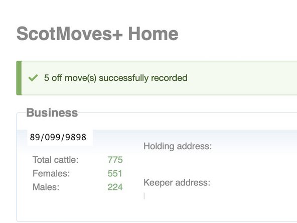 Confirmation that the Off movements have processed successfully appears in  banner at the top of the ScotMoves+ home page.