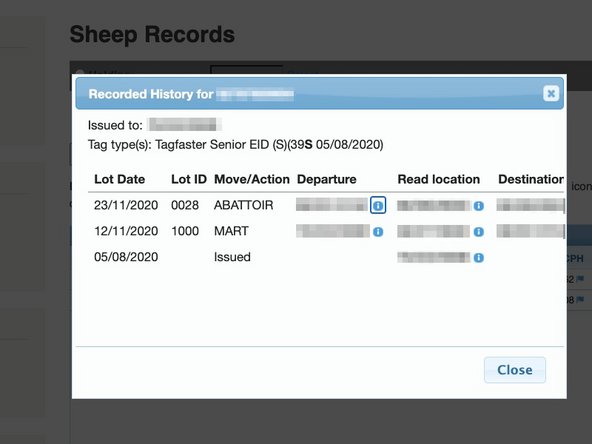 If any information found for the specific tag number a box will appear, which shows this animal's history. Where it was tagged and which holdings it has been on and the movements which have been recorded.