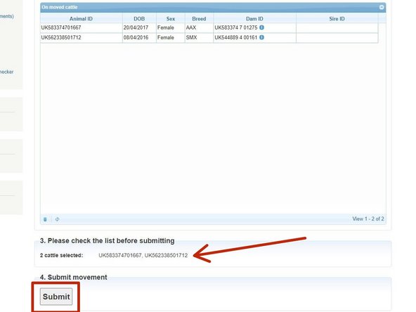 A summary of all the animals added will be shown in step 3, please check this list is correct before submitting