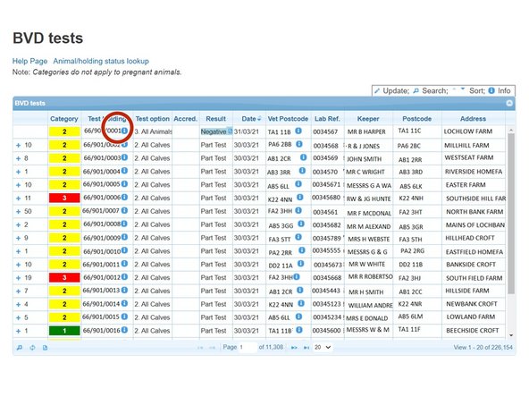 Click on the i information symbol next to the CPH number for the holding address, current number of cattle and calves born in last year.