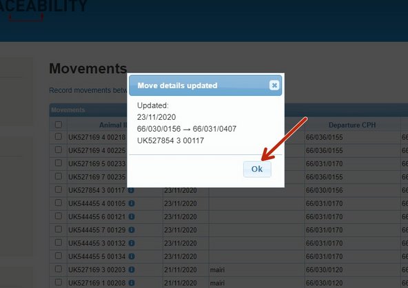 Move details updated box will appear confirming the information that has been amended