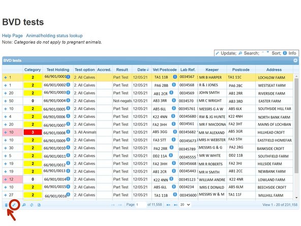 To edit a record in the BVD Tests table, first click on the line you wish to edit and the row will be highlighted in yellow as shown in image 1. Then select the edit pencil icon, circled red, from the bottom left of the table.