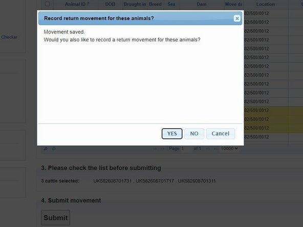 After submitting the OFF movement you will be asked - &quot;Would you also like to record a return movement for these animals?&quot;