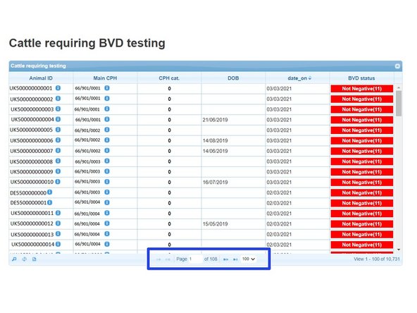 The number of animals listed per page can be altered by using the drop down arrow highlighted in the blue box.