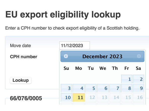 For marts and abattoirs, a move date is selected on the lookup.  This differs from the public and keeper export eligibility lookup.
