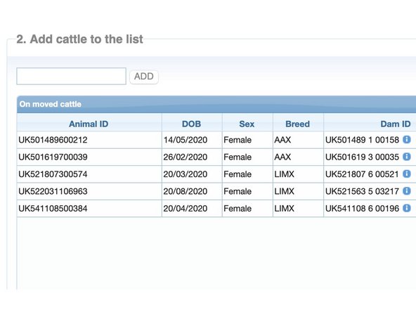 In this example, 5 animals have been added to Section 2.