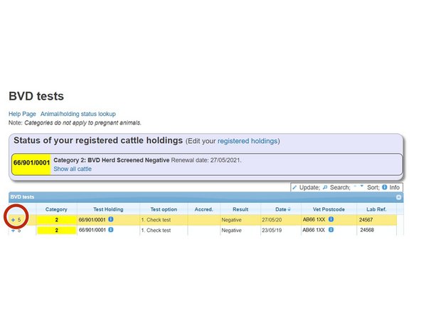 Select the + symbol from the BVD tests table to open a window listing the individual BVD results uploaded for each sample submitted on the same date.