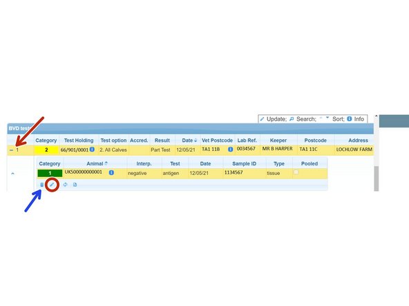 To edit an individual Animal ID and result, click on the + sign to open the batch of samples. From the list of animal ID's, select the row you wish to edit so it is highlighted yellow as shown in image 1.