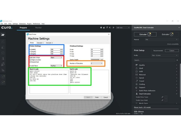 You will need to configure your printer on this page. The box in blue notes settings that are specific to your machine type (These settings are noted below for each machine.) The boxes in red should be set as shown in the image . The box in orange should be set to 2 for dual extrusion.