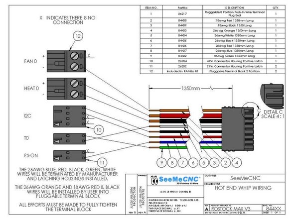 HE280 power (2 position terminal block with 1 red 18awg &amp; 1 black 18awg wire) goes to Heat 0 terminal ------------- HE280 thermistor (2 position latching connector with 1 white 26awg &amp; 1 green 26awg wire) goes to the T0 position on the RAMBo board